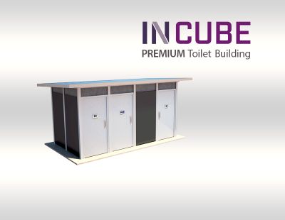 Incube Premium Toilet Buildings have the option to use a vibrant colour scheme for the aluminium aall panels.